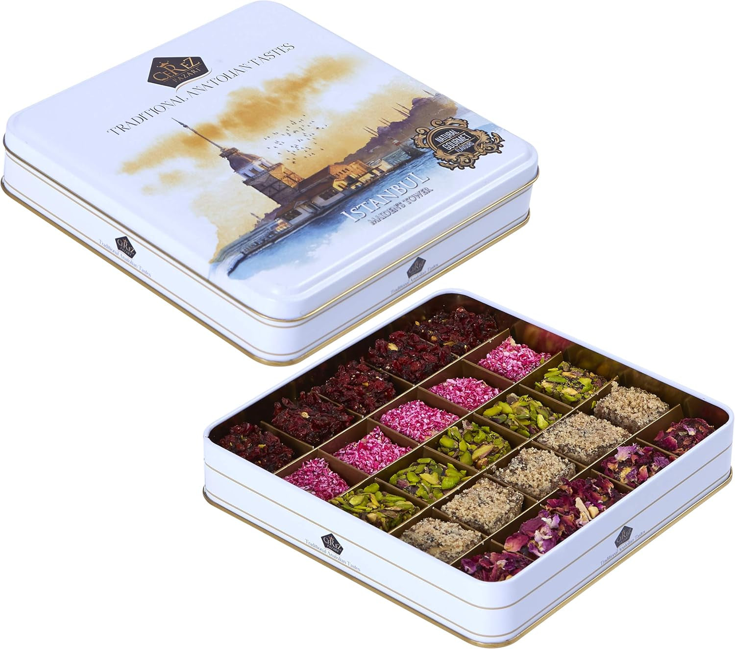 Cerez Pazari Turkish Delight In 4 Flavours, With Pistachio, Hazelnut & Walnut, Assorted Gourmet Lokum In Elegant Tin Gift Box, Sweet Traditional Soft Candy Dessert 25 Pcs, 1.1 lb (500g)