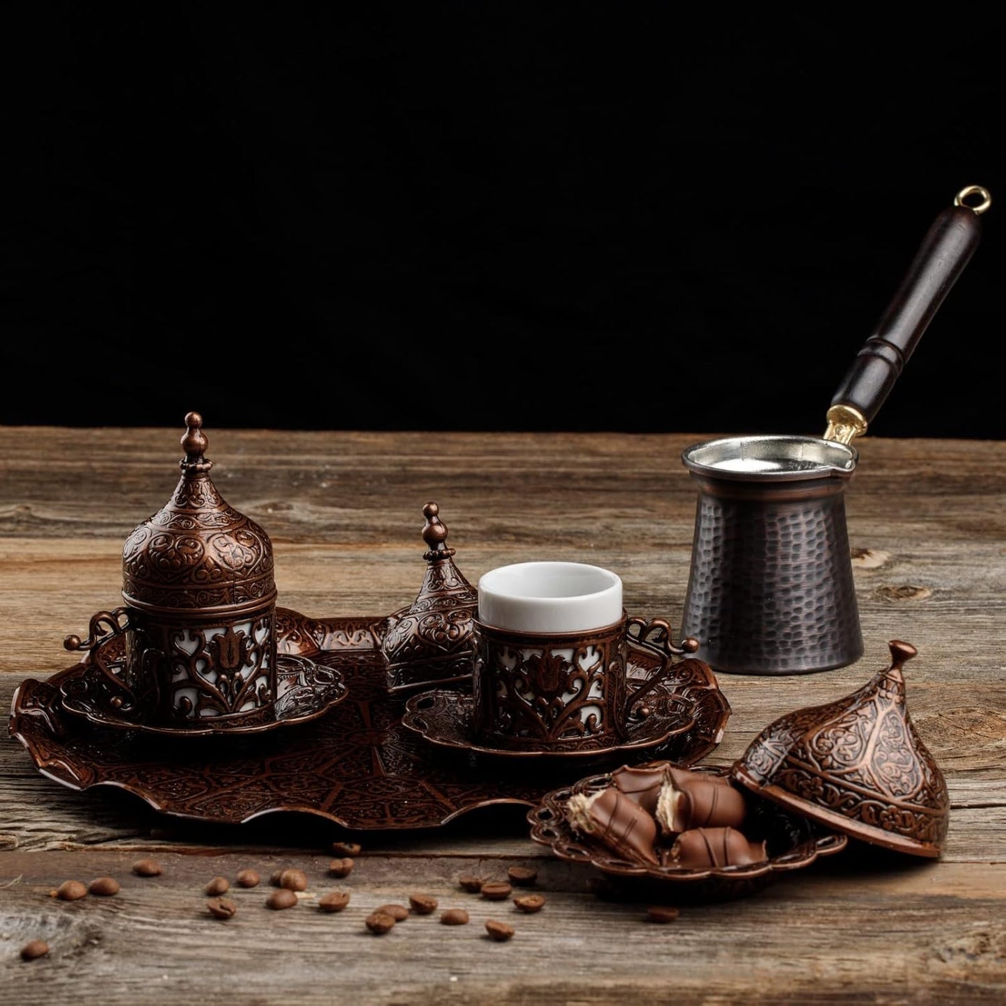 Turkish Greek Arabic Coffee Making and Serving Full Set with Cups, Saucers, Lids, Sugar Bowl, Tray and Antiqued Copper Coffee Pot, 12 Pcs (Chocolate)