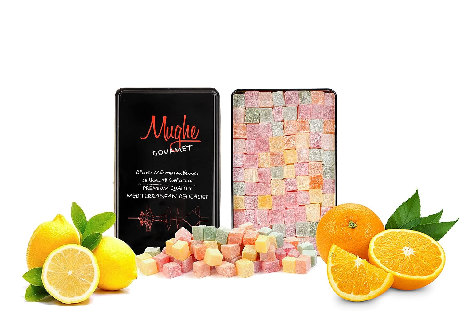 Turkish Delight Candy Elegant Gift Tin Box - 1.65lb-750g - Halal Vegan Lokum Fruit Flavors Rose, Strawberry, Lemon, Orange, Mint - Gift for Special Occasions, Halloween, Christmas