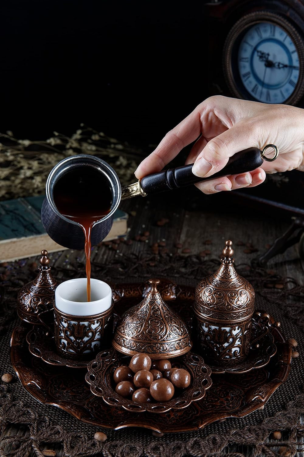 Turkish Greek Arabic Coffee Making and Serving Full Set with Cups, Saucers, Lids, Sugar Bowl, Tray and Antiqued Copper Coffee Pot, 12 Pcs (Chocolate)