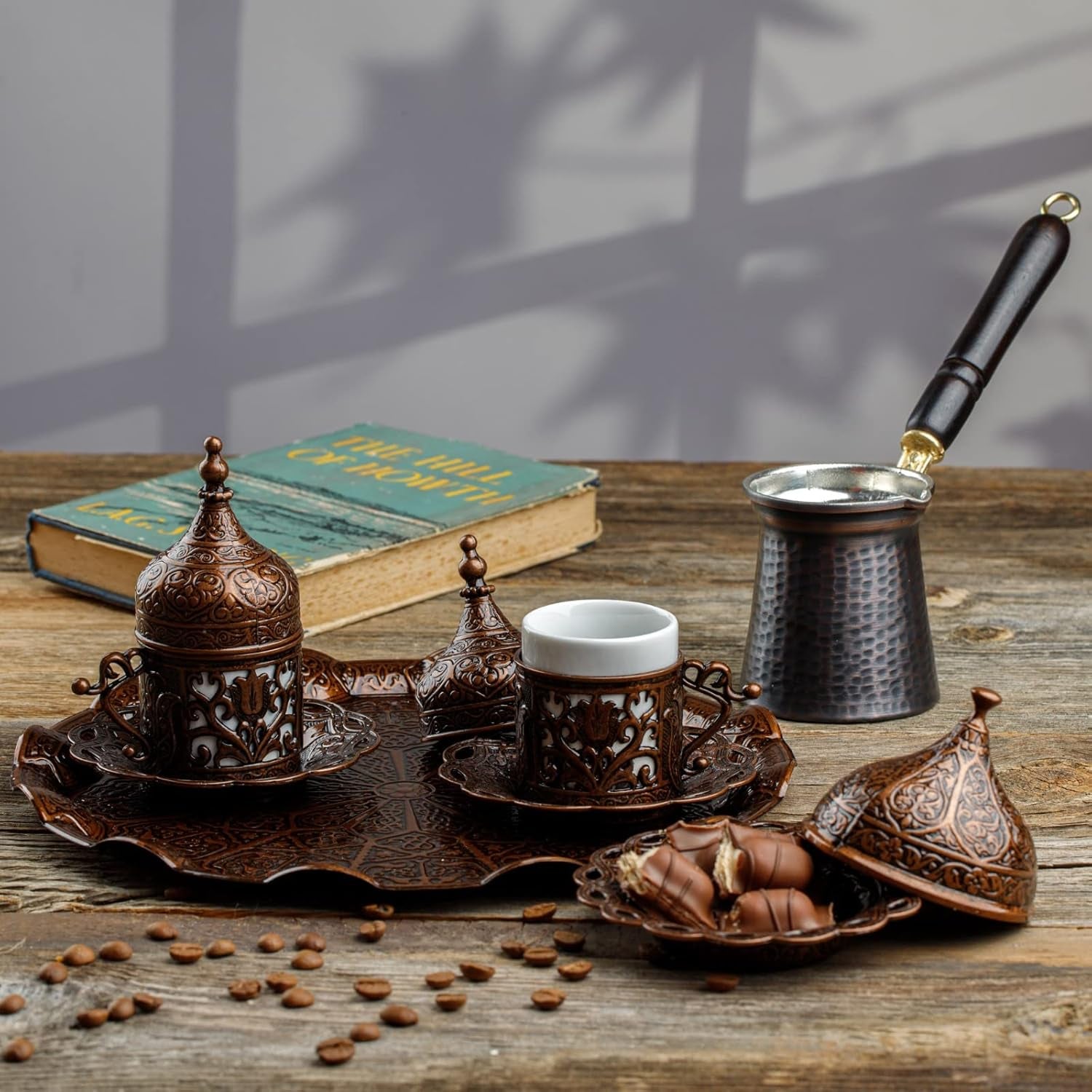 Turkish Greek Arabic Coffee Making and Serving Full Set with Cups, Saucers, Lids, Sugar Bowl, Tray and Antiqued Copper Coffee Pot, 12 Pcs (Chocolate)