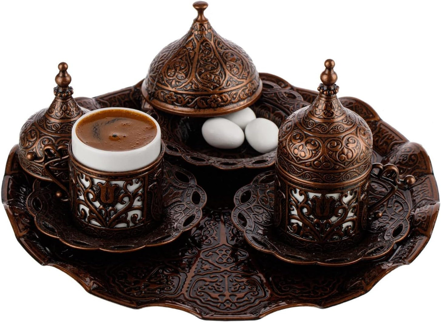Turkish Greek Arabic Coffee Making and Serving Full Set with Cups, Saucers, Lids, Sugar Bowl, Tray and Antiqued Copper Coffee Pot, 12 Pcs (Chocolate)