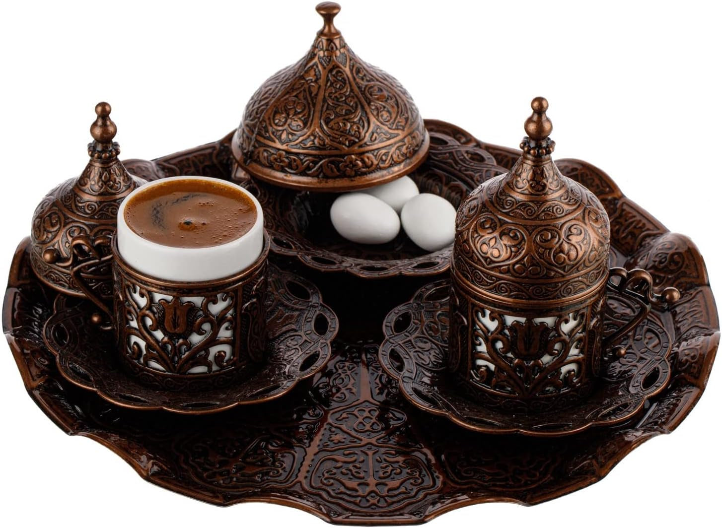 Turkish Greek Arabic Coffee Making and Serving Full Set with Cups, Saucers, Lids, Sugar Bowl, Tray and Antiqued Copper Coffee Pot, 12 Pcs (Chocolate)