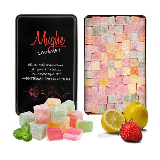Turkish Delight Candy Elegant Gift Tin Box - 1.65lb-750g - Halal Vegan Lokum Fruit Flavors Rose, Strawberry, Lemon, Orange, Mint - Gift for Special Occasions, Halloween, Christmas