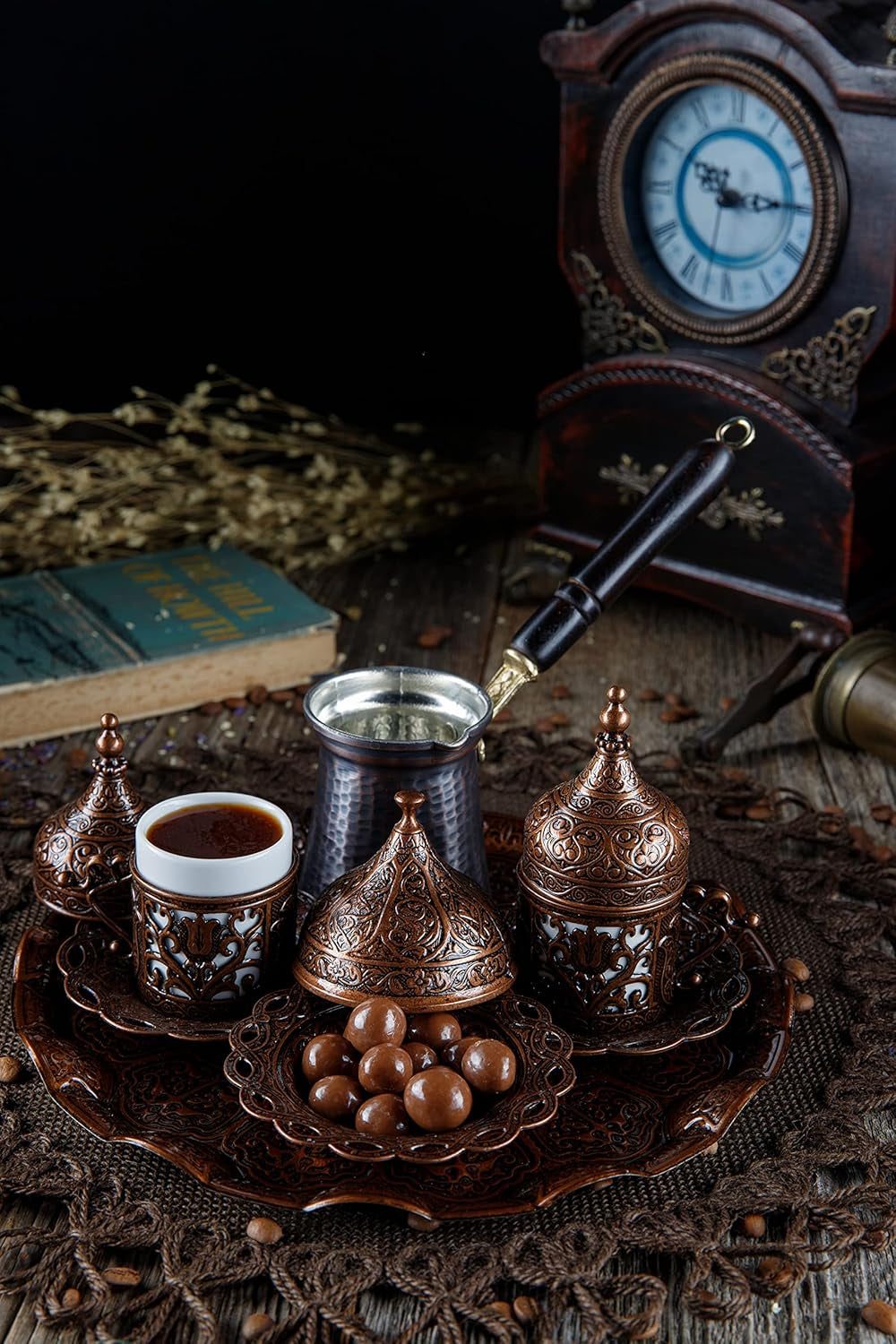 Turkish Greek Arabic Coffee Making and Serving Full Set with Cups, Saucers, Lids, Sugar Bowl, Tray and Antiqued Copper Coffee Pot, 12 Pcs (Chocolate)
