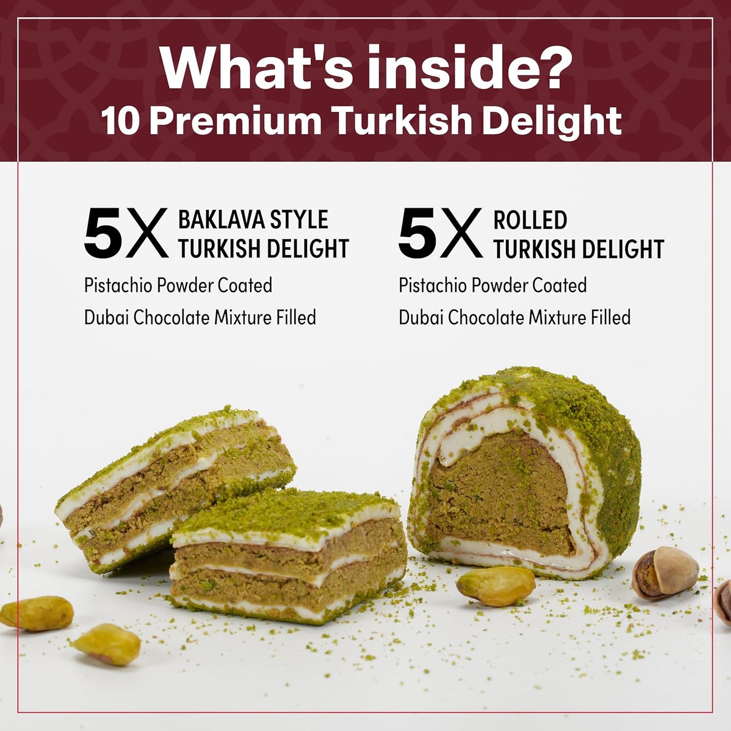 Premium Turkish Delight with Dubai Chocolate Filling, 8.8oz, Turkish Delights Pistachio, Lokum, Pistachio Turkish Delight Candy Gift Box