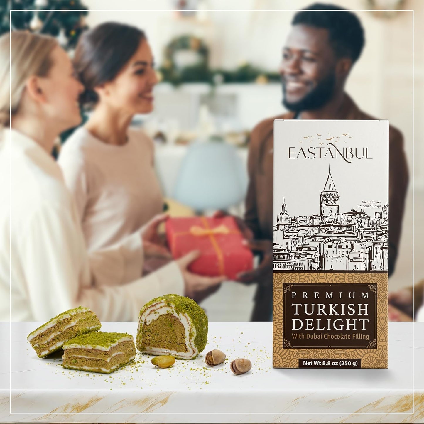 Premium Turkish Delight with Dubai Chocolate Filling, 8.8oz, Turkish Delights Pistachio, Lokum, Pistachio Turkish Delight Candy Gift Box