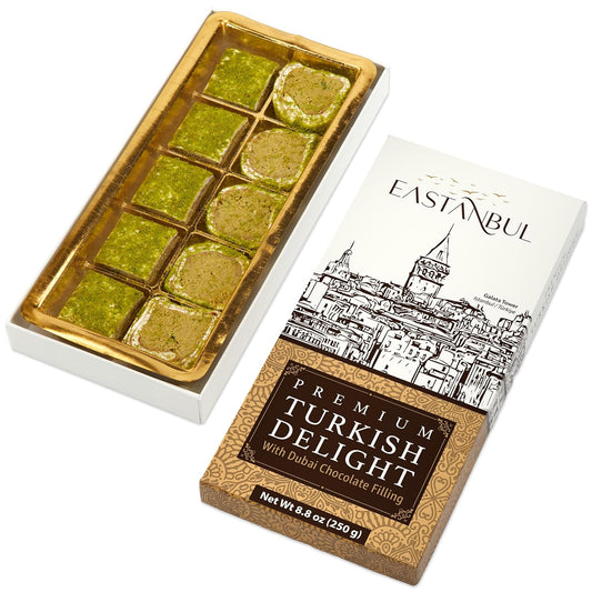 Premium Turkish Delight with Dubai Chocolate Filling, 8.8oz, Turkish Delights Pistachio, Lokum, Pistachio Turkish Delight Candy Gift Box