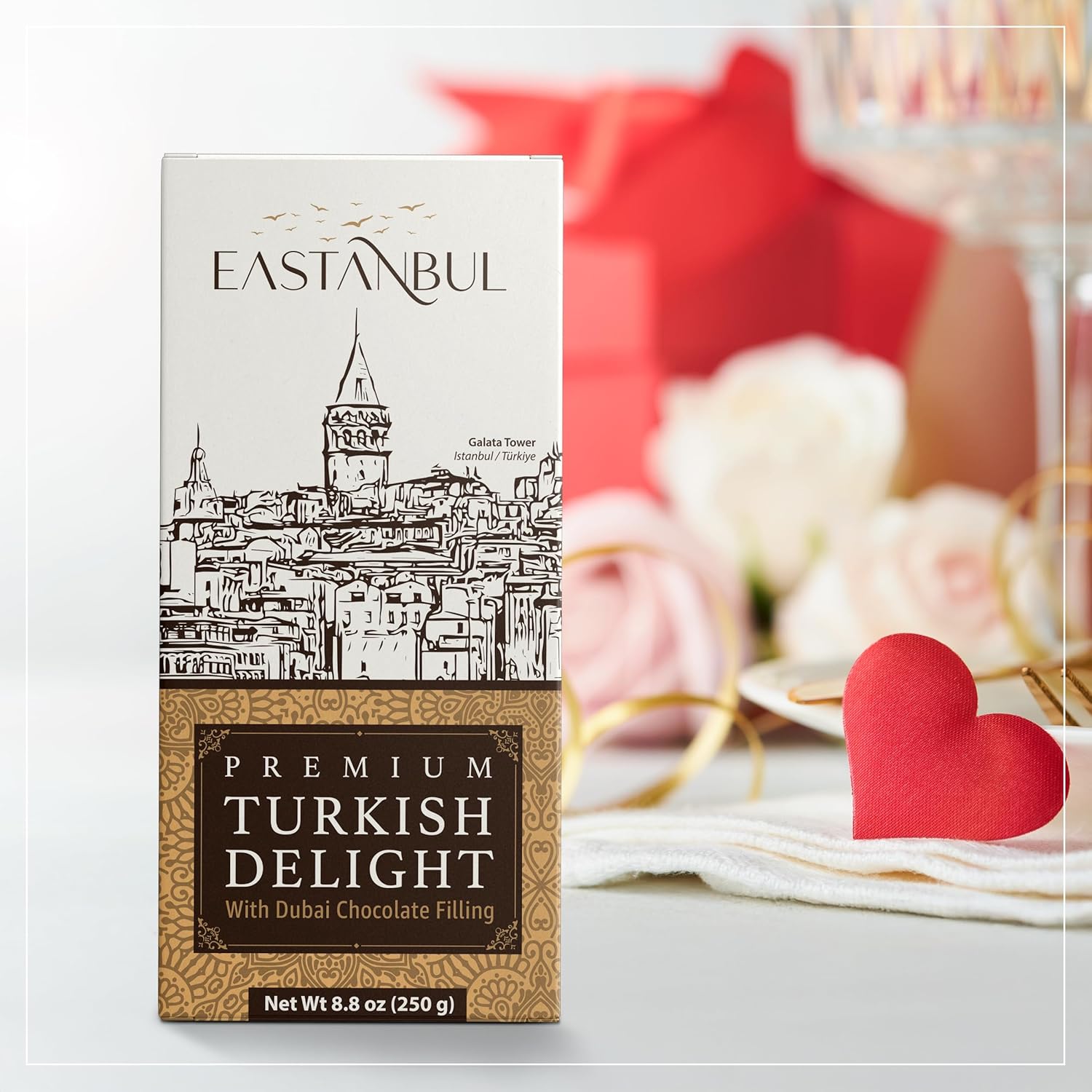 Premium Turkish Delight with Dubai Chocolate Filling, 8.8oz, Turkish Delights Pistachio, Lokum, Pistachio Turkish Delight Candy Gift Box