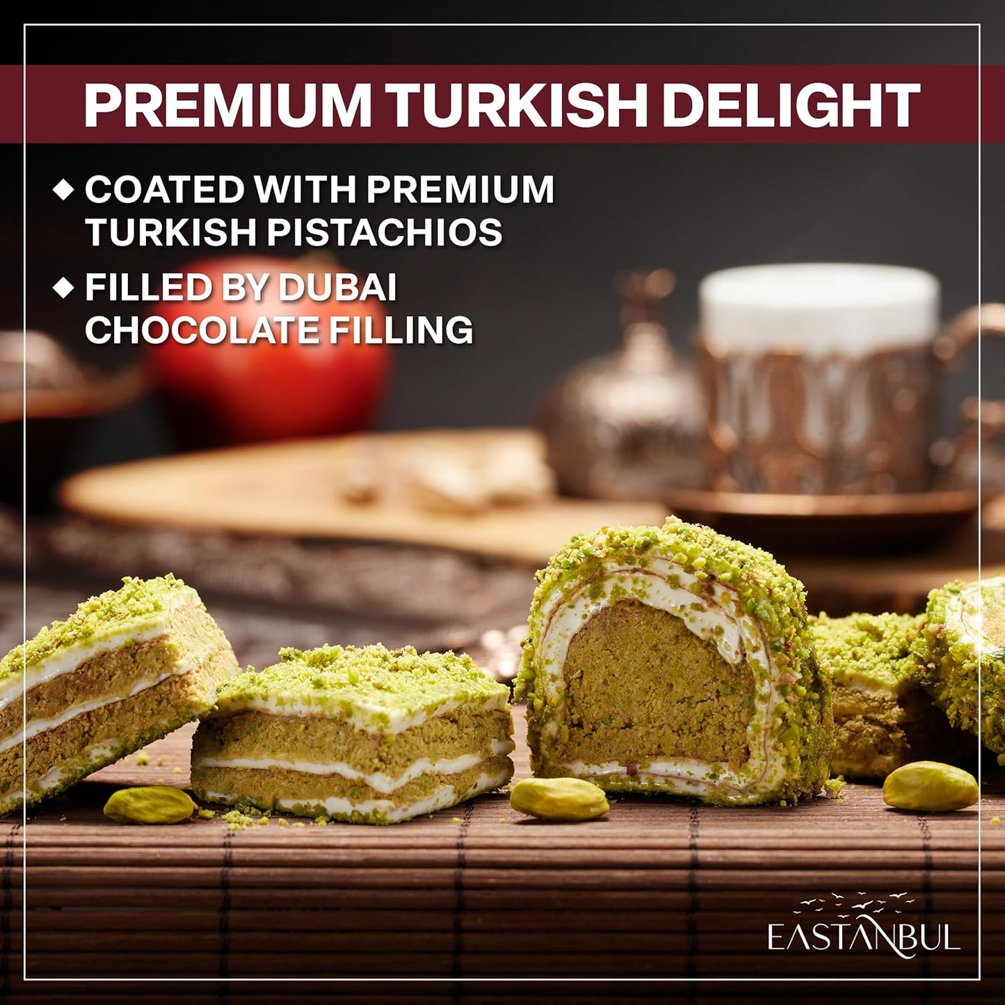 Premium Turkish Delight with Dubai Chocolate Filling, 8.8oz, Turkish Delights Pistachio, Lokum, Pistachio Turkish Delight Candy Gift Box