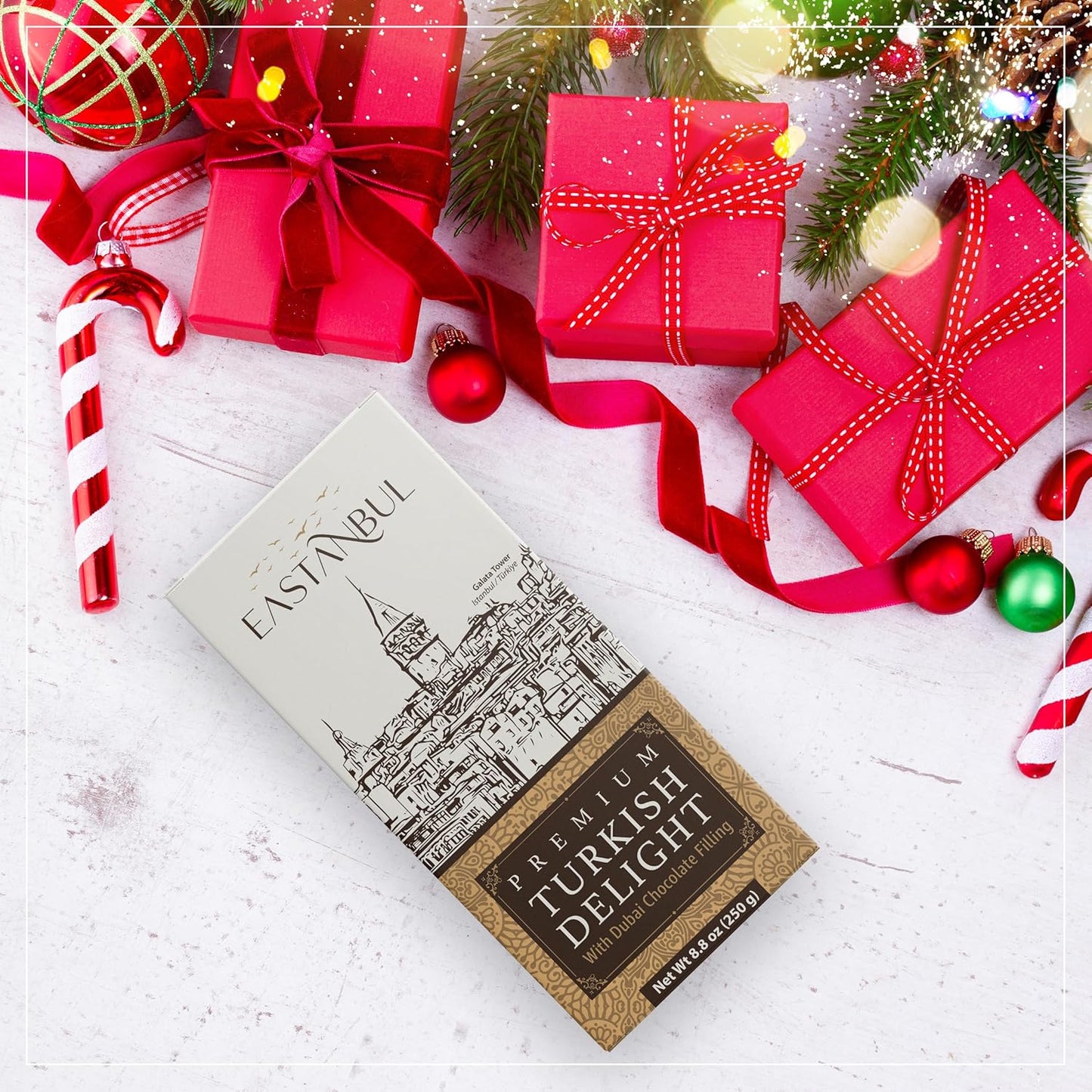Premium Turkish Delight with Dubai Chocolate Filling, 8.8oz, Turkish Delights Pistachio, Lokum, Pistachio Turkish Delight Candy Gift Box