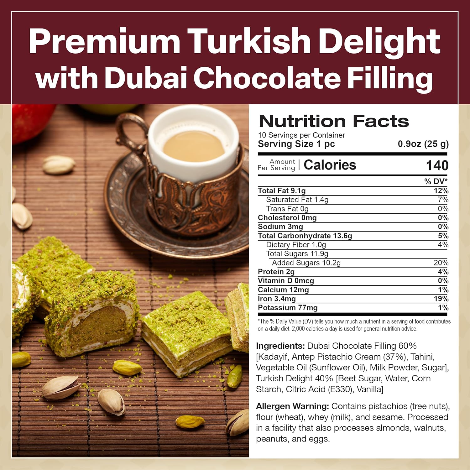 Premium Turkish Delight with Dubai Chocolate Filling, 8.8oz, Turkish Delights Pistachio, Lokum, Pistachio Turkish Delight Candy Gift Box