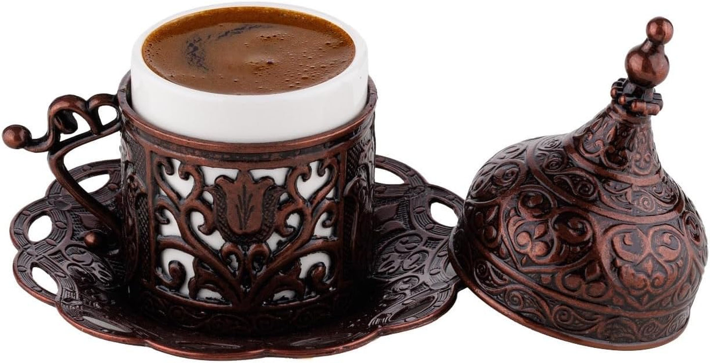 Turkish Greek Arabic Coffee Making and Serving Full Set with Cups, Saucers, Lids, Sugar Bowl, Tray and Antiqued Copper Coffee Pot, 12 Pcs (Chocolate)