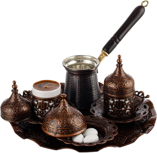 Turkish Greek Arabic Coffee Making and Serving Full Set with Cups, Saucers, Lids, Sugar Bowl, Tray and Antiqued Copper Coffee Pot, 12 Pcs (Chocolate)