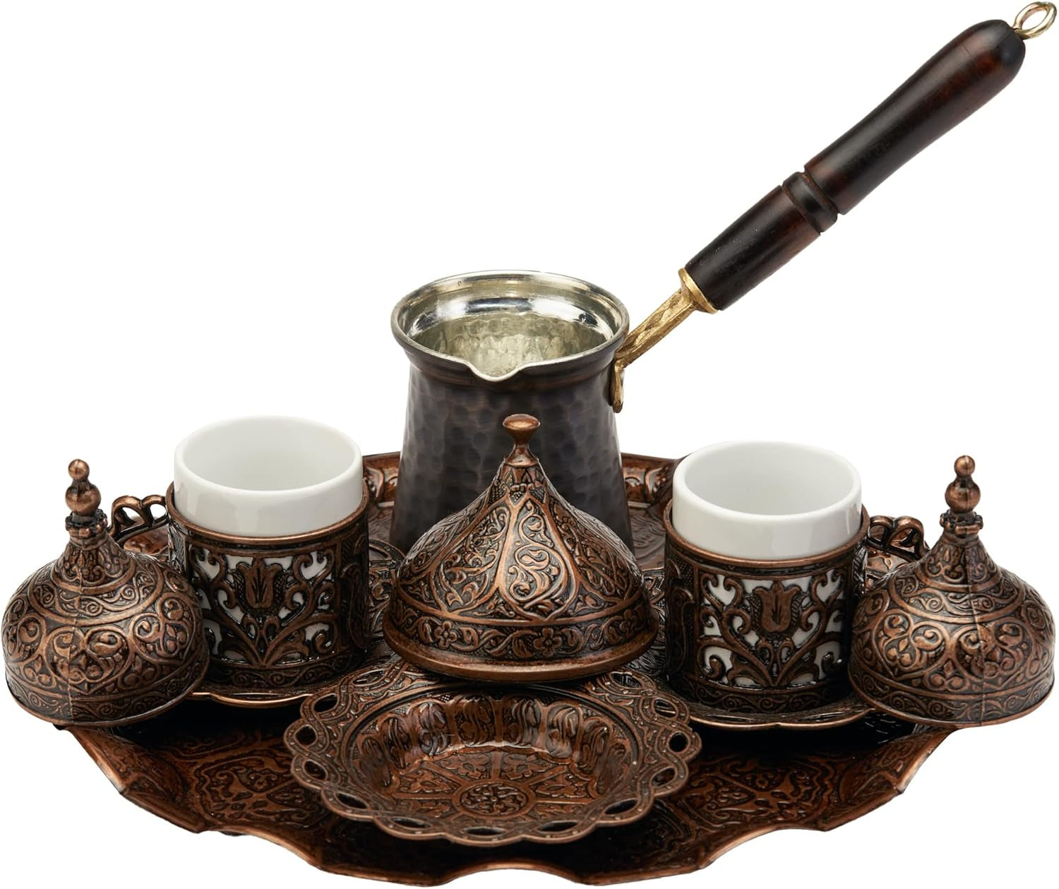 Turkish Greek Arabic Coffee Making and Serving Full Set with Cups, Saucers, Lids, Sugar Bowl, Tray and Antiqued Copper Coffee Pot, 12 Pcs (Chocolate)