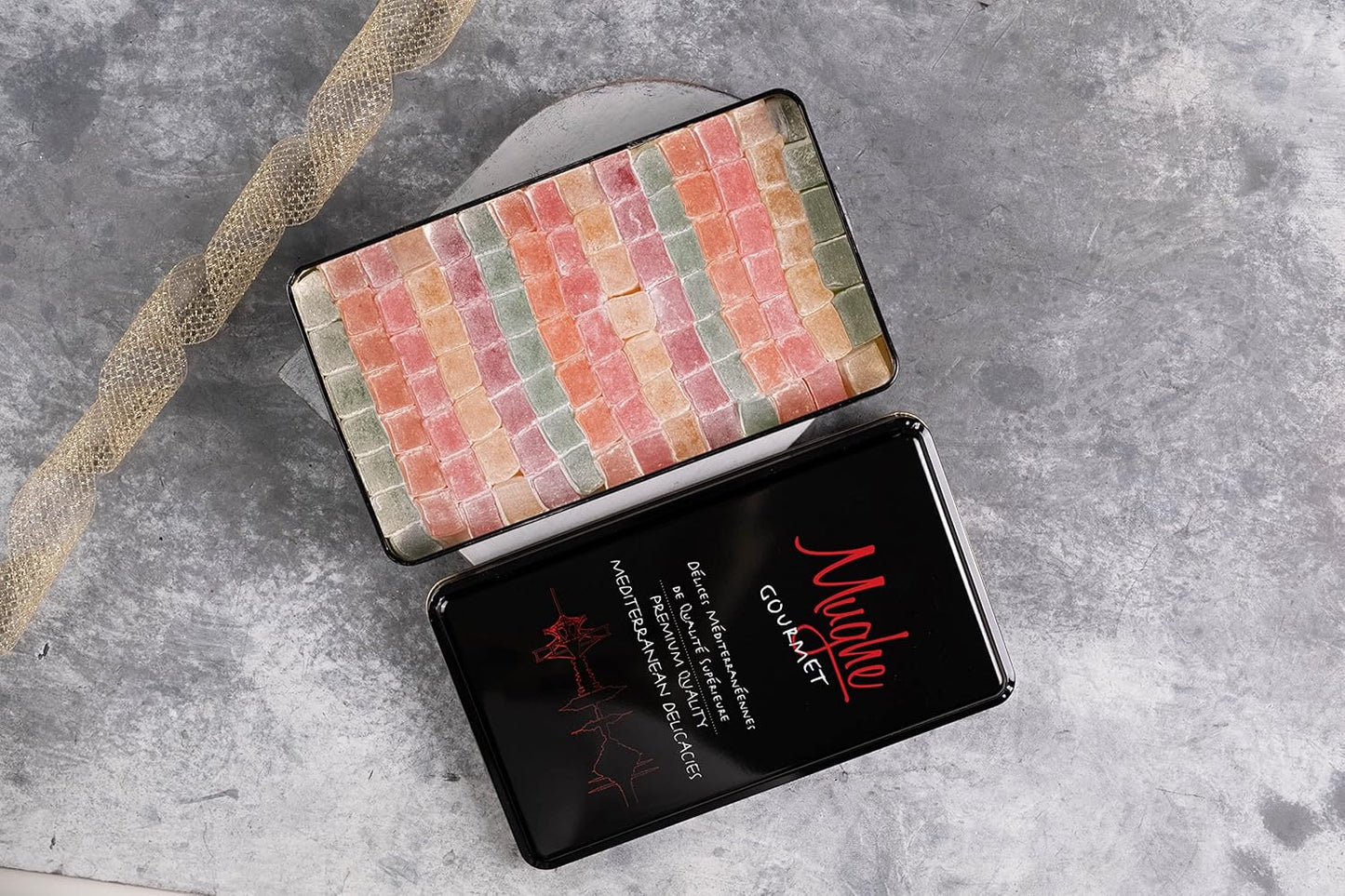 Turkish Delight Candy Elegant Gift Tin Box - 1.65lb-750g - Halal Vegan Lokum Fruit Flavors Rose, Strawberry, Lemon, Orange, Mint - Gift for Special Occasions, Halloween, Christmas