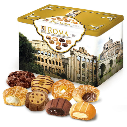 Matilde Vicenzi Roma Cookie Tin - Italian Pastries & Bakery Cookies in Individually Wrapped Trays - Bakery Dessert Gifts - Puff Pastry, Assorted Cookies in Italian Design Gift Tin 32oz (907g)